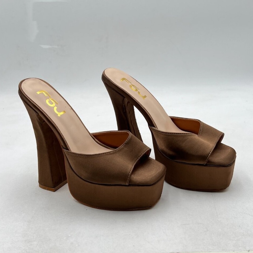 FSJ Platform Mule Heels in Brown Satin